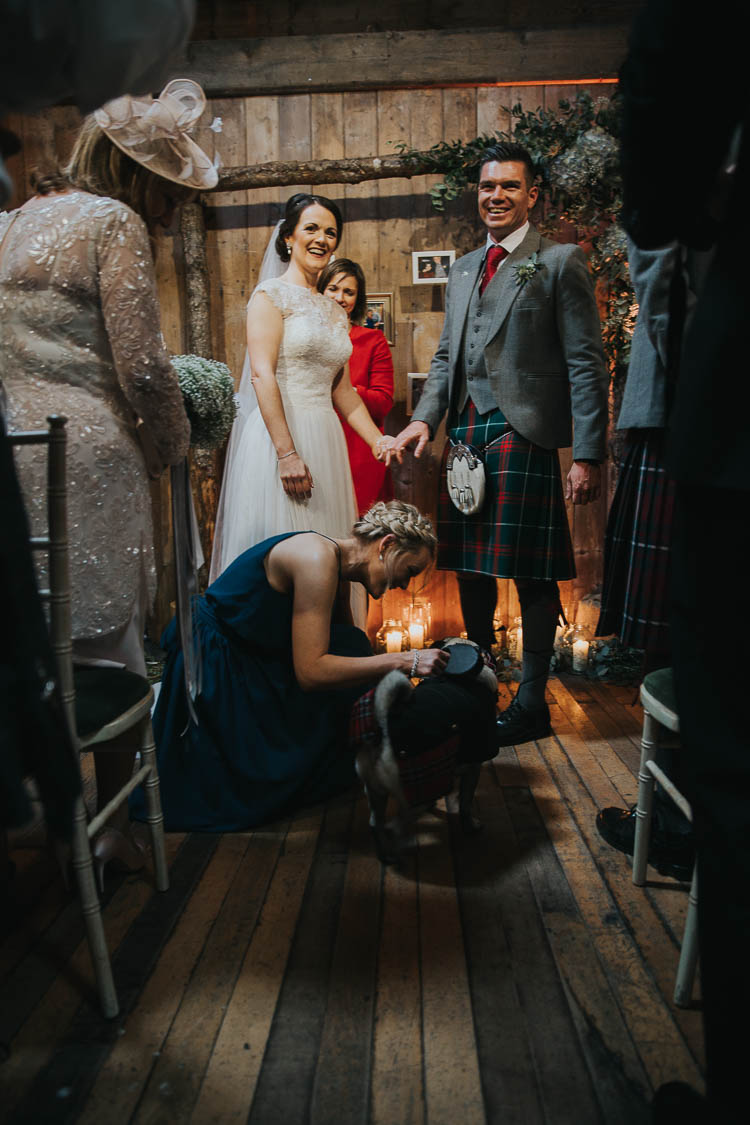Ceremony Dog Ring Bearer Bride Bridal Dress Gown Lace Sweetheart Neckline Short Sleeve Full Skirt Kilt Groom Tartan Waistcoat Red Green The Byre at Inchyra Wedding Jen Owens Images