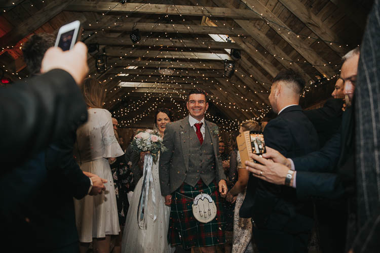 Bride Bridal Dress Gown Lace Sweetheart Neckline Short Sleeve Full Skirt Kilt Groom Tartan Waistcoat Red Green Bouquet Ribbons Confetti The Byre at Inchyra Wedding Jen Owens Images