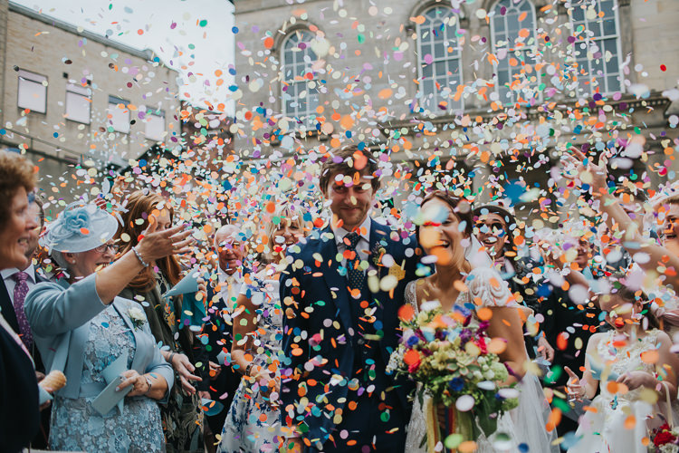 Bride Bridal Beaded Embellished Cap Short Sleeve Dress Sweetheart Neckline Bouquet Ribbons Blue Suit Groom Confetti The Workstation Cinema Colourful Wedding Bloom Weddings