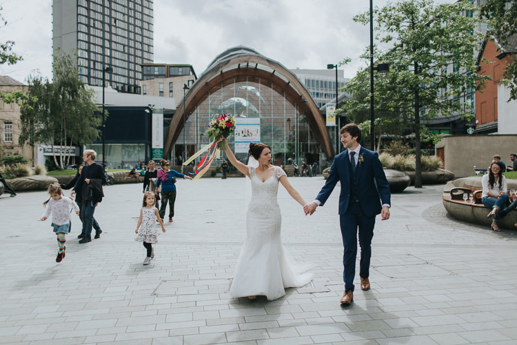 Bride Bridal Beaded Embellished Cap Short Sleeve Dress Sweetheart Neckline Bouquet Ribbons Blue Suit Groom The Workstation Cinema Colourful Wedding Bloom Weddings