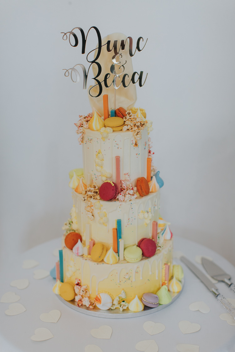 Buttercream Drip Cake Macaron Multicolour Laser Cut Metallic Cake Topper The Workstation Cinema Colourful Wedding Bloom Weddings
