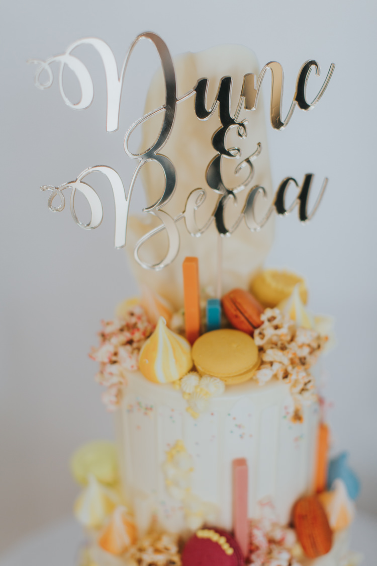 Mirror Metallic Laser Cut Calligraphy Cake Topper Macarons Meringue Kisses Drip Buttercream The Workstation Cinema Colourful Wedding Bloom Weddings