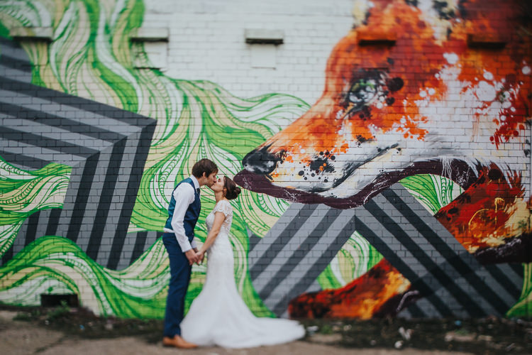 Bride Bridal Beaded Embellished Cap Short Sleeve Dress Sweetheart Neckline Blue Suit Groom Waistcoat Graffiti The Workstation Cinema Colourful Wedding Bloom Weddings