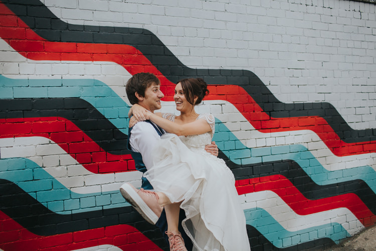 Bride Bridal Beaded Embellished Cap Short Sleeve Dress Sweetheart Neckline Blue Suit Groom The Workstation Cinema Colourful Wedding Bloom Weddings