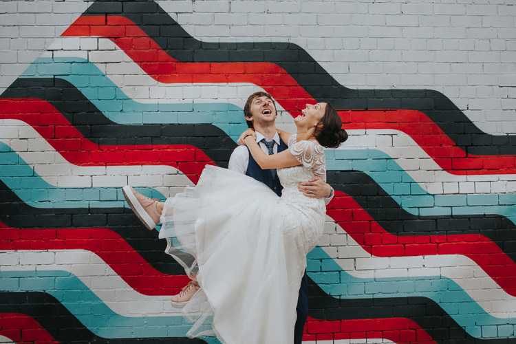 Bride Bridal Beaded Embellished Cap Short Sleeve Dress Sweetheart Neckline Blue Suit Groom The Workstation Cinema Colourful Wedding Bloom Weddings