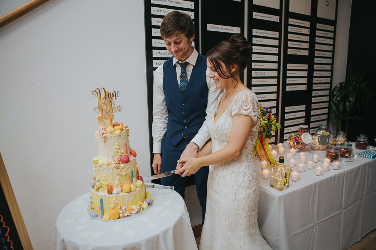 Bride Bridal Beaded Embellished Cap Short Sleeve Dress Sweetheart Neckline Blue Suit Groom Cake Cutting The Workstation Cinema Colourful Wedding Bloom Weddings