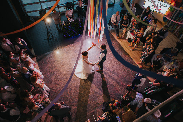 Bride Bridal Beaded Embellished Cap Short Sleeve Dress Sweetheart Neckline Blue Suit Groom First Dance Streamers The Workstation Cinema Colourful Wedding Bloom Weddings