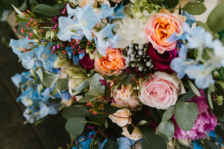 Flowers Bouquet Pink Blue Delphiniums Rose Eucalyptus Bride Bridal Larchfield Estate Wedding Honey and the Moon Photography