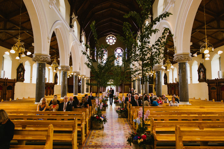 Church Trees Aisle Ceremony Decor Flowers Larchfield Estate Wedding Honey and the Moon Photography