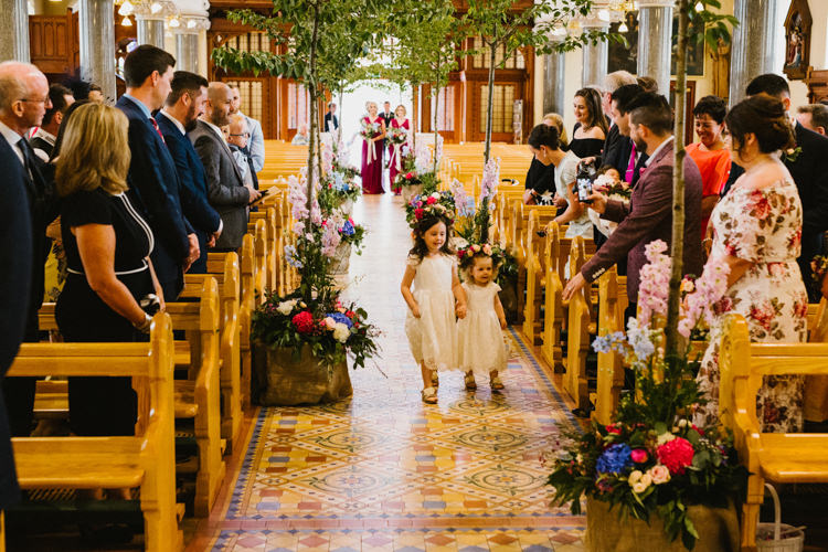 Church Trees Aisle Ceremony Decor Flowers Girls Larchfield Estate Wedding Honey and the Moon Photography