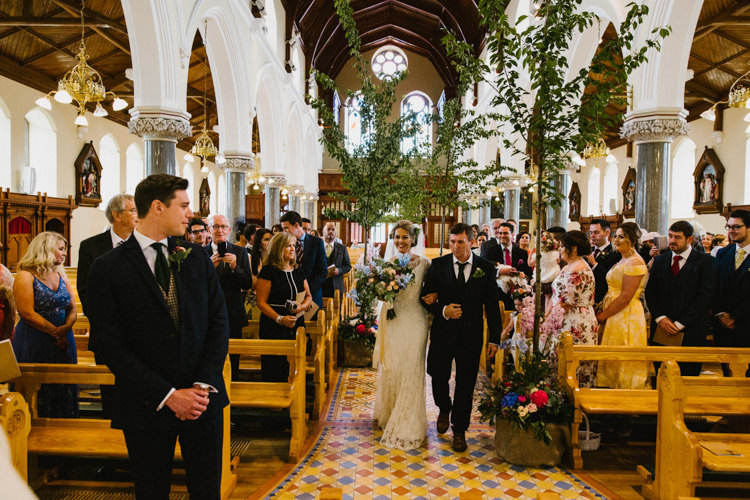 Church Trees Aisle Ceremony Decor Flowers Larchfield Estate Wedding Honey and the Moon Photography