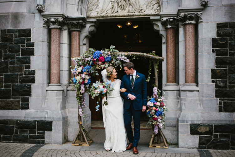 Flowers Pink Blue Hydrangea Rose Eucalyptus Arch Church Branch Backrop Larchfield Estate Wedding Honey and the Moon Photography