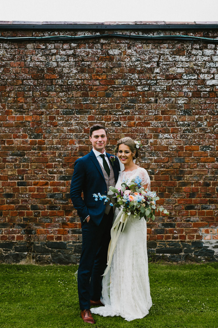 Flowers Bouquet Pink Blue Delphiniums Rose Eucalyptus Bride Bridal Peony Ribbon Larchfield Estate Wedding Honey and the Moon Photography