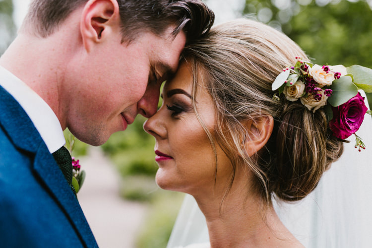Hair Bride Bridal Up Do Style Flowers Veil Larchfield Estate Wedding Honey and the Moon Photography