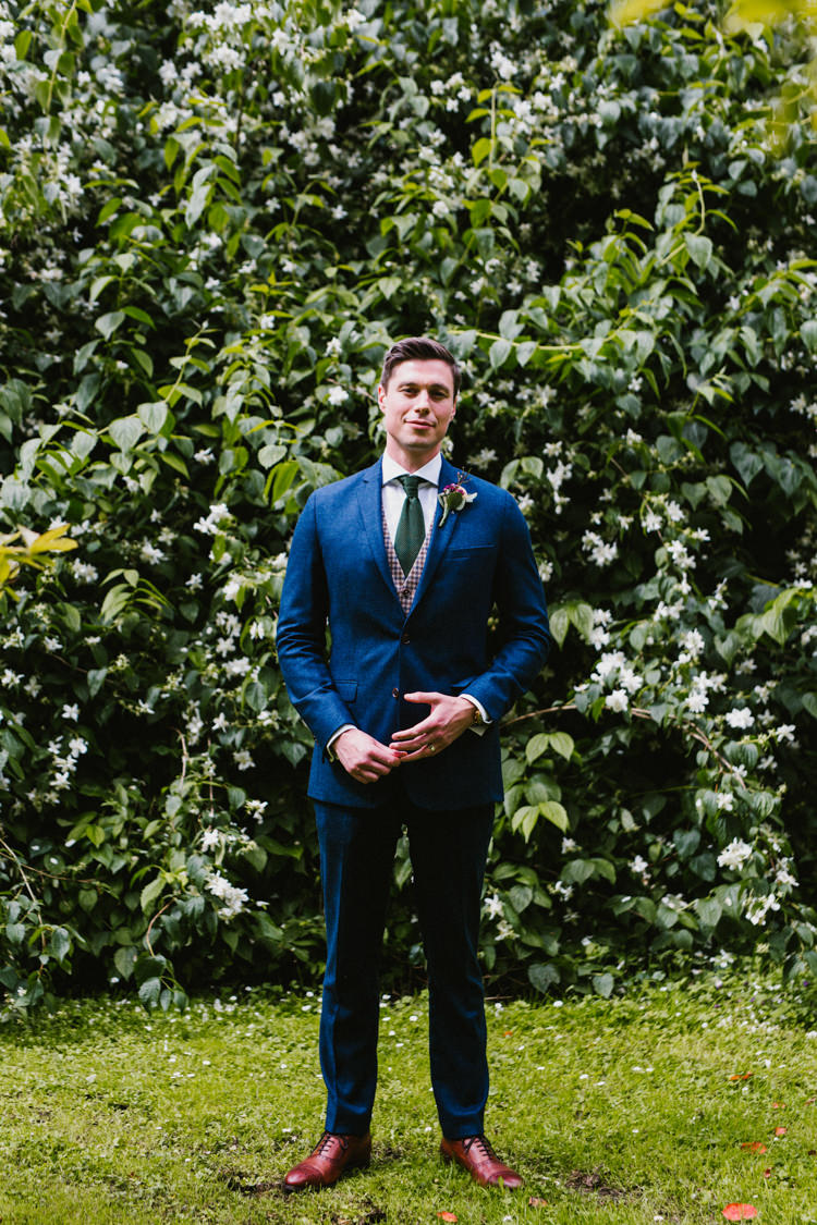 Groom Blue Suit Tan Shoes Green Tie Waistcoat Larchfield Estate Wedding Honey and the Moon Photography