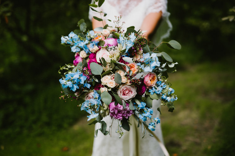 Flowers Bouquet Pink Blue Delphiniums Rose Eucalyptus Bride Bridal Peony Larchfield Estate Wedding Honey and the Moon Photography