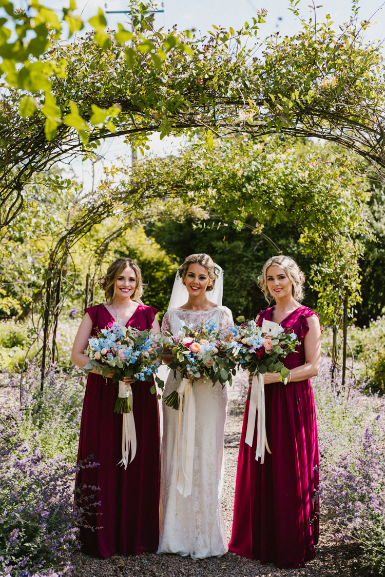 Long Red Bridesmaid Dresses Flowers Bouquets Ribbons Larchfield Estate Wedding Honey and the Moon Photography