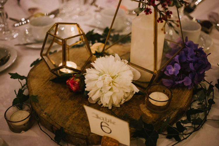 Terrarium Candles Flowers Decor Log Centrepiece Larchfield Estate Wedding Honey and the Moon Photography
