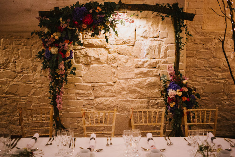 Flowers Pink Blue Hydrangea Rose Eucalyptus Arch Top Table Branch Backrop Larchfield Estate Wedding Honey and the Moon Photography