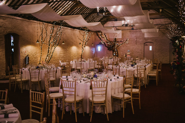 Drapes Fairy Lights Trees Decor Barn Larchfield Estate Wedding Honey and the Moon Photography