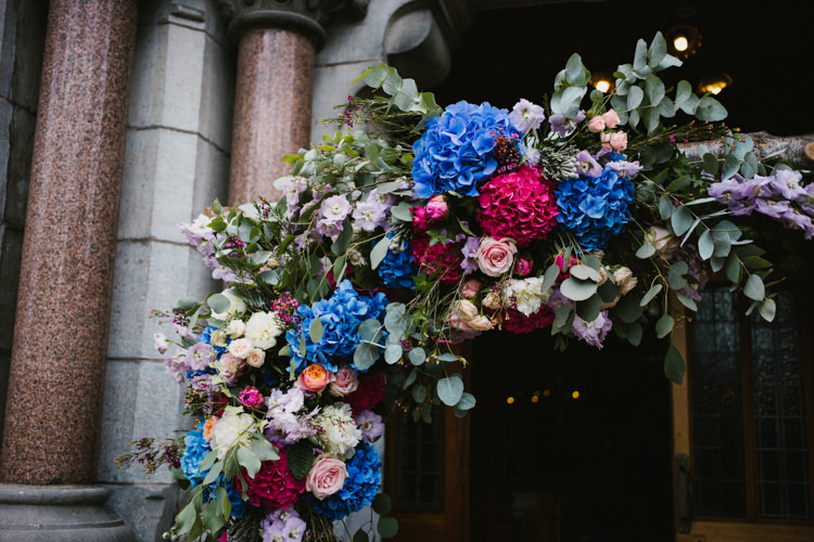 Flowers Pink Blue Hydrangea Rose Eucalyptus Arch Church Branch Backrop Larchfield Estate Wedding Honey and the Moon Photography
