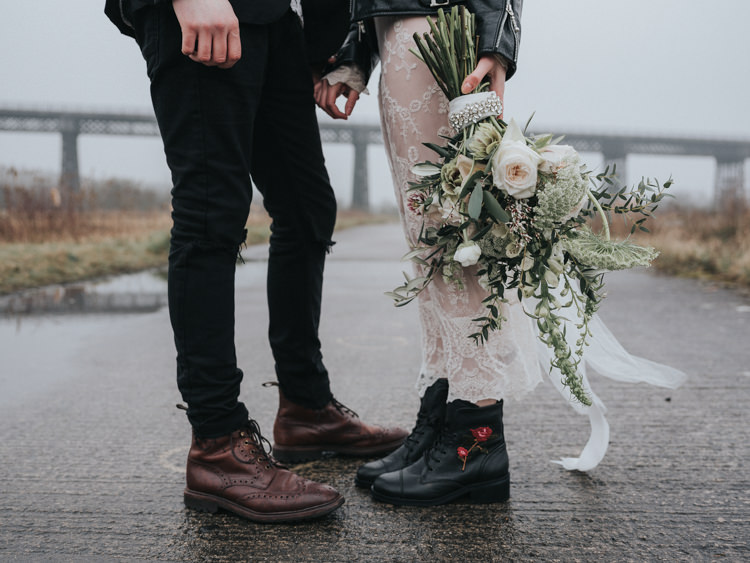 Boots Bride Groom Alternative Edgy Naked Tipi Backdrop Wedding Ideas http://www.ivoryfayre.com/