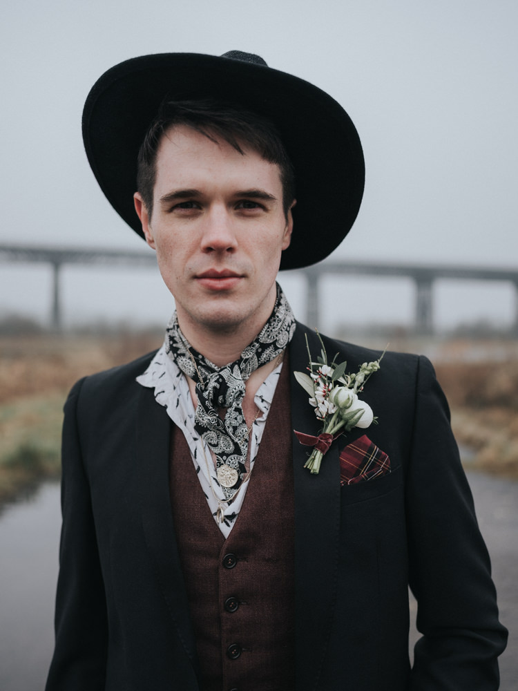 Groom Hat Scarf Waistcoat Alternative Edgy Naked Tipi Backdrop Wedding Ideas http://www.ivoryfayre.com/