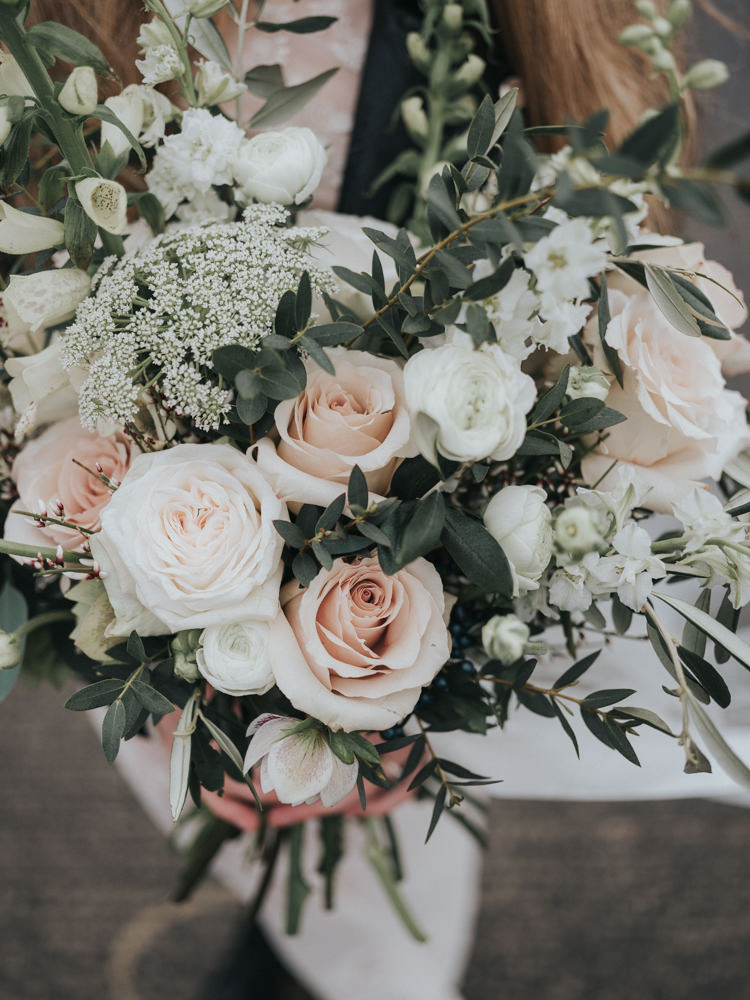 Bouquet Flowers Bride Bridal Blush Pink Greenery Foxgloves Larkspur Ammi Rose Ranunculus Hellebores Olive Eucalyptus Alternative Edgy Naked Tipi Backdrop Wedding Ideas http://www.ivoryfayre.com/