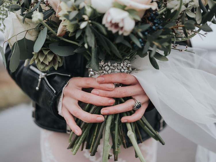 Bouquet Flowers Bride Bridal Blush Pink Greenery Foxgloves Larkspur Ammi Rose Ranunculus Hellebores Olive Eucalyptus Wrap Alternative Edgy Naked Tipi Backdrop Wedding Ideas http://www.ivoryfayre.com/
