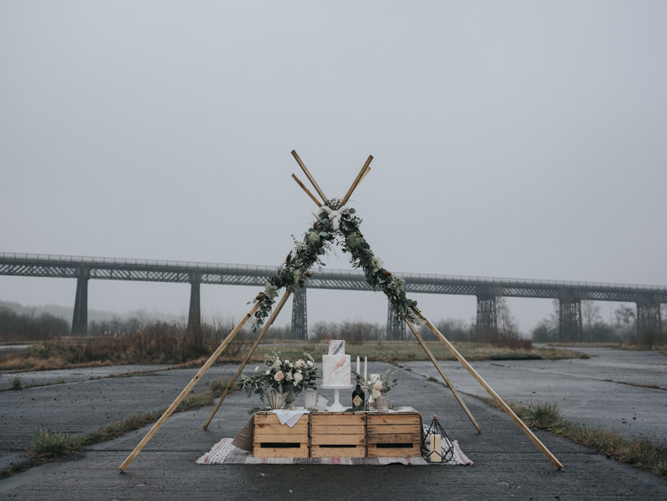 Wooden Crate Table Alternative Edgy Naked Tipi Backdrop Wedding Ideas http://www.ivoryfayre.com/