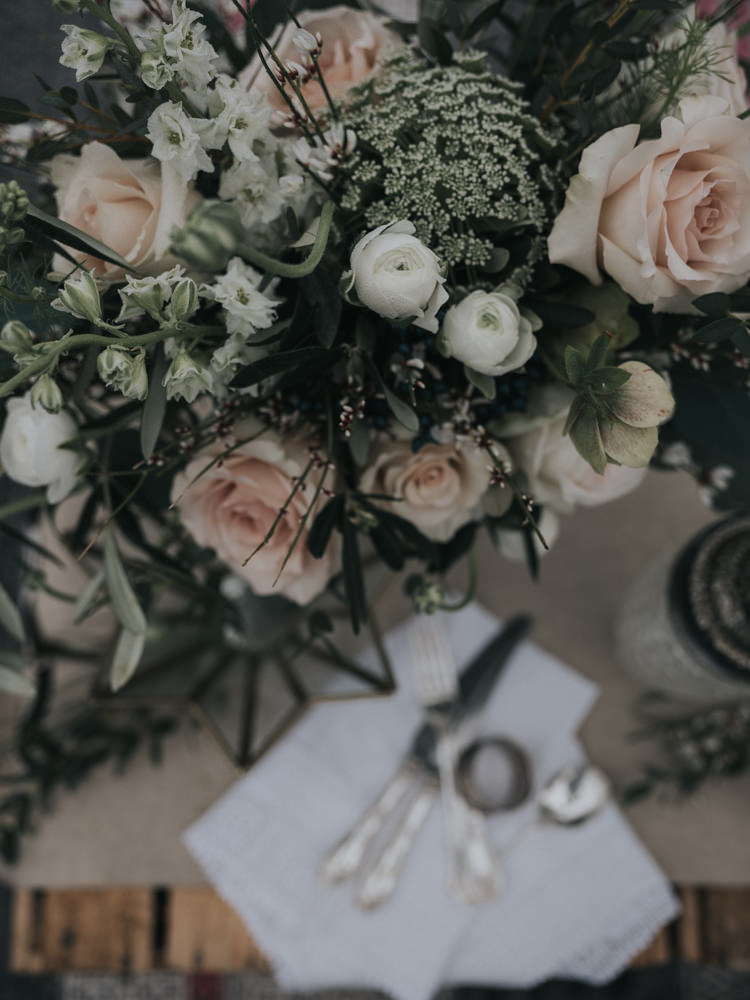 Flowers Blush Pink Greenery Foxgloves Larkspur Ammi Rose Ranunculus Hellebores Olive Eucalyptus Alternative Edgy Naked Tipi Backdrop Wedding Ideas http://www.ivoryfayre.com/