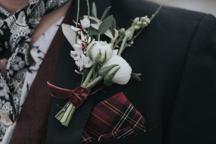 Bouquet Flowers Ranunculus Buttonhole Groom Velvet Olive Eucalyptus Alternative Edgy Naked Tipi Backdrop Wedding Ideas http://www.ivoryfayre.com/