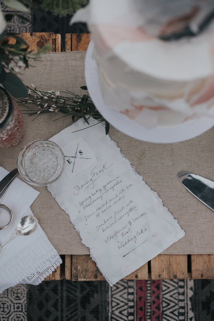 Edible Paper Stationery Menu Calligraphy Alternative Edgy Naked Tipi Backdrop Wedding Ideas http://www.ivoryfayre.com/