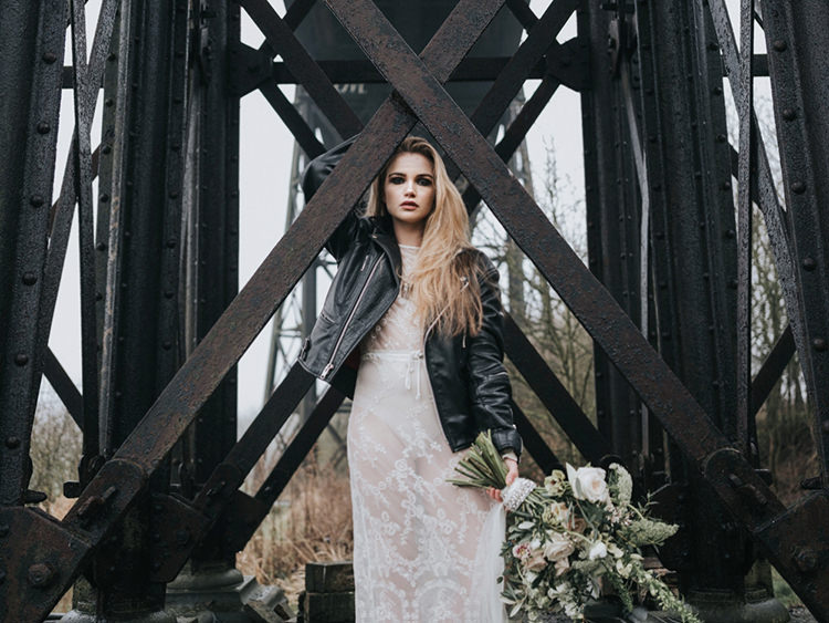 Bride Bridal Lace Sheer Dress Gown Leather Jacket Boots Alternative Edgy Naked Tipi Backdrop Wedding Ideas http://www.ivoryfayre.com/
