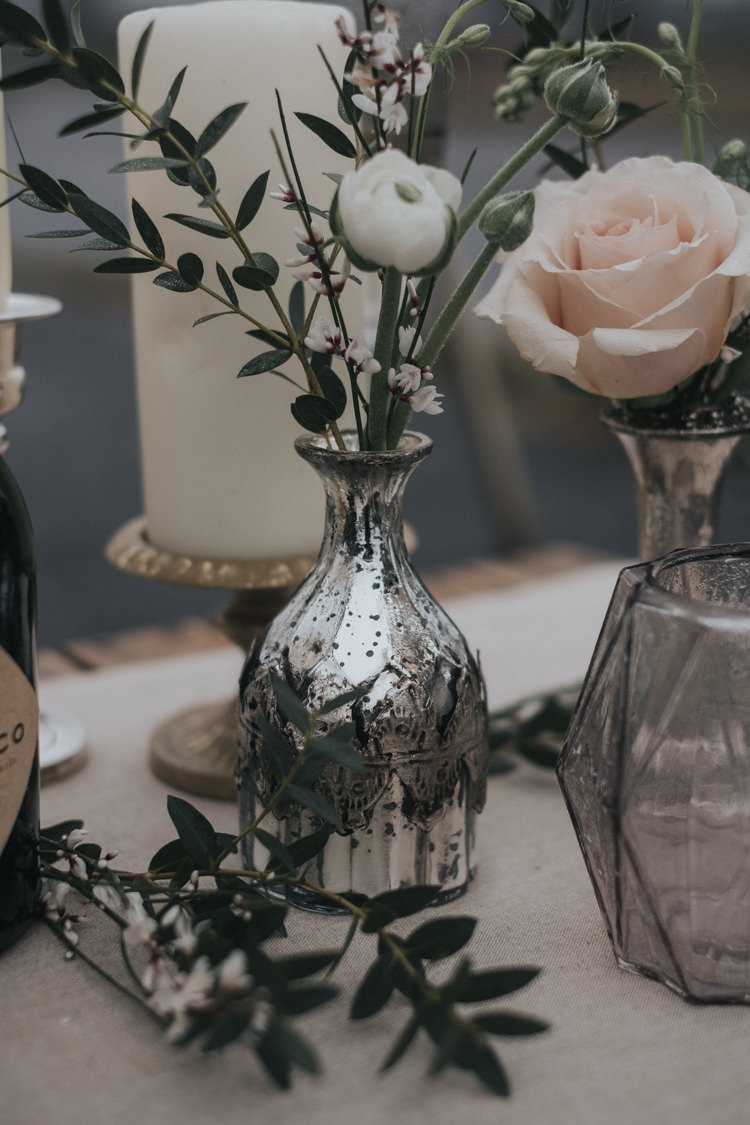 Bouquet Flowers Blush Pink Greenery Ranunculus Olive Eucalyptus Silver Vase Alternative Edgy Naked Tipi Backdrop Wedding Ideas http://www.ivoryfayre.com/
