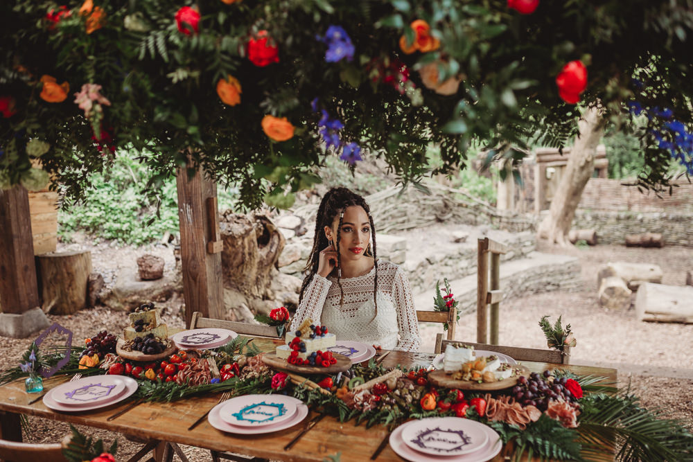 Outdoor Colourful Woodland Table Tablescape Decor Hanging Suspended Flowers Greenery Arnos Vale Weddings Ideas When Charlie Met Hannah Photography