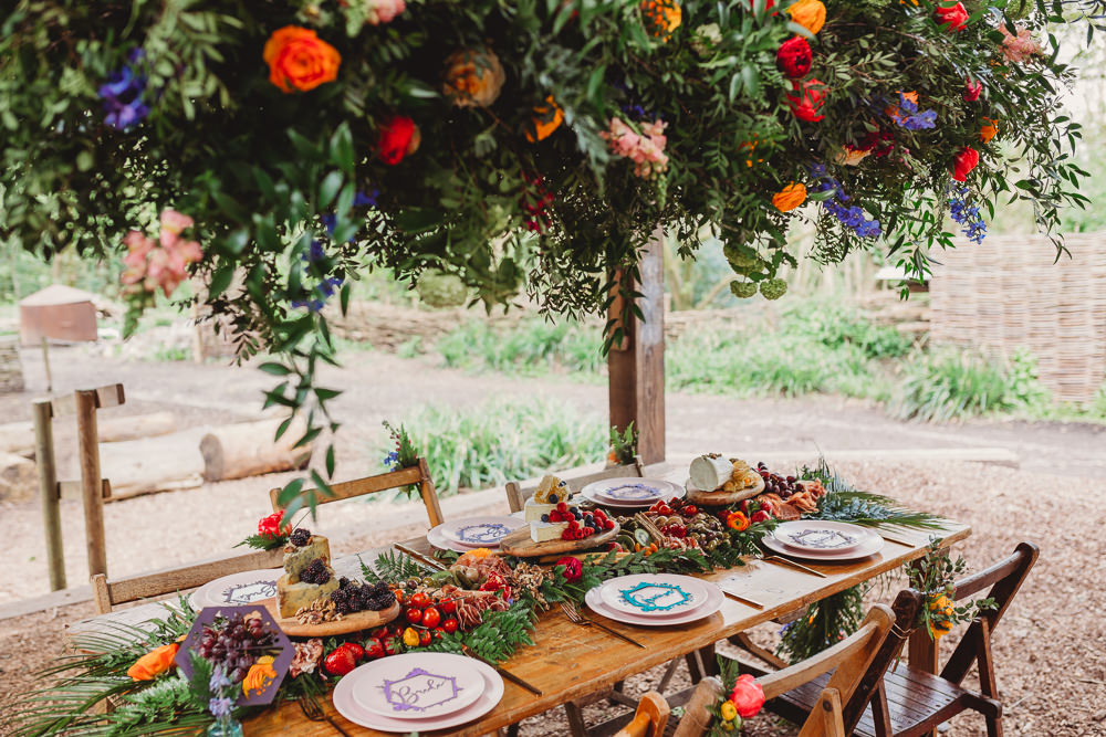 Outdoor Colourful Woodland Table Tablescape Decor Hanging Suspended Flowers Greenery Arnos Vale Weddings Ideas When Charlie Met Hannah Photography