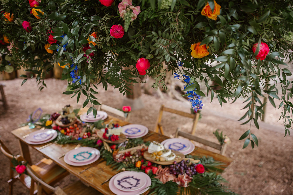 Outdoor Colourful Woodland Table Tablescape Decor Hanging Suspended Flowers Greenery Arnos Vale Weddings Ideas When Charlie Met Hannah Photography