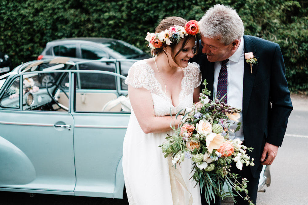 Bride Bridal Gown Dress Laure de Sazagan Lace Cap Sleeve V Neck Bouquet Flower Crown Cantley House Hotel Wedding Ross Hurley Photography
