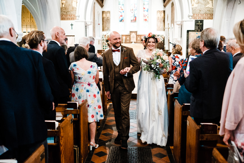 Bride Bridal Gown Dress Laure de Sazagan Lace Cap Sleeve V Neck Tweed Groom Flower Crown Bouquet Cantley House Hotel Wedding Ross Hurley Photography