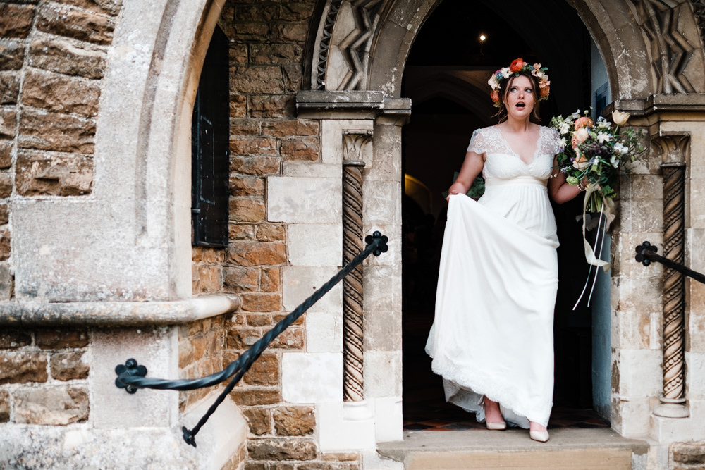 Bride Bridal Gown Dress Laure de Sazagan Lace Cap Sleeve V Neck Flower Crown Bouquet Cantley House Hotel Wedding Ross Hurley Photography
