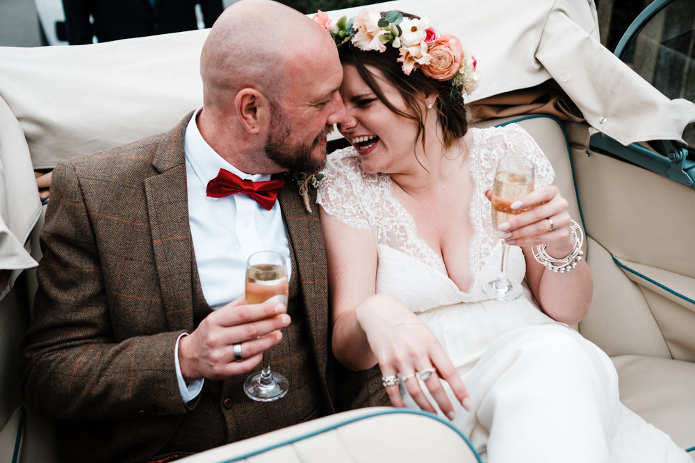 Bride Bridal Gown Dress Laure de Sazagan Lace Cap Sleeve V Neck Tweed Groom Flower Crown Cantley House Hotel Wedding Ross Hurley Photography
