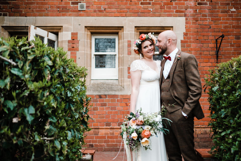 Bride Bridal Gown Dress Laure de Sazagan Lace Cap Sleeve V Neck Tweed Groom Flower Crown Bouquet Cantley House Hotel Wedding Ross Hurley Photography