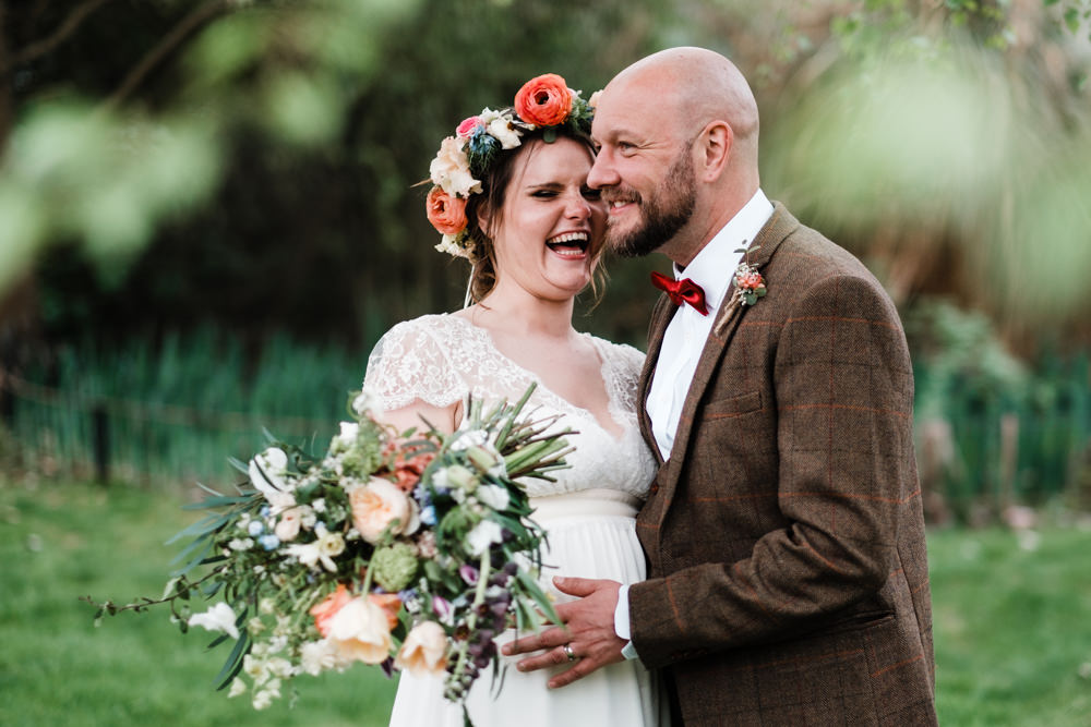 Bride Bridal Gown Dress Laure de Sazagan Lace Cap Sleeve V Neck Tweed Groom Flower Crown Bouquet Cantley House Hotel Wedding Ross Hurley Photography