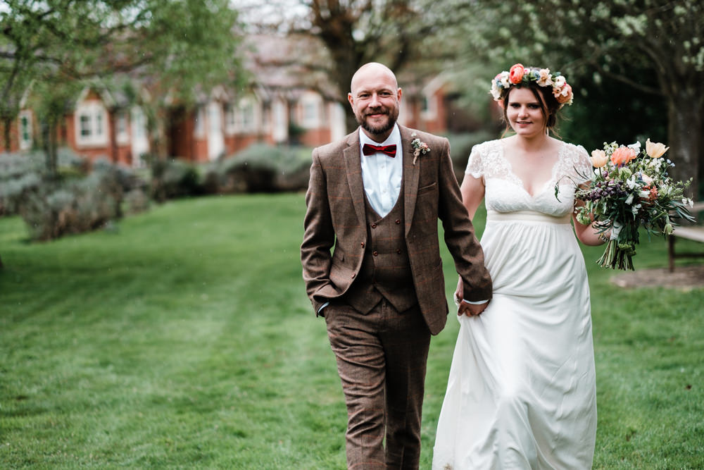 Bride Bridal Gown Dress Laure de Sazagan Lace Cap Sleeve V Neck Tweed Groom Three Piece Waistcoat Bow Tie Flower Crown Bouquet Cantley House Hotel Wedding Ross Hurley Photography