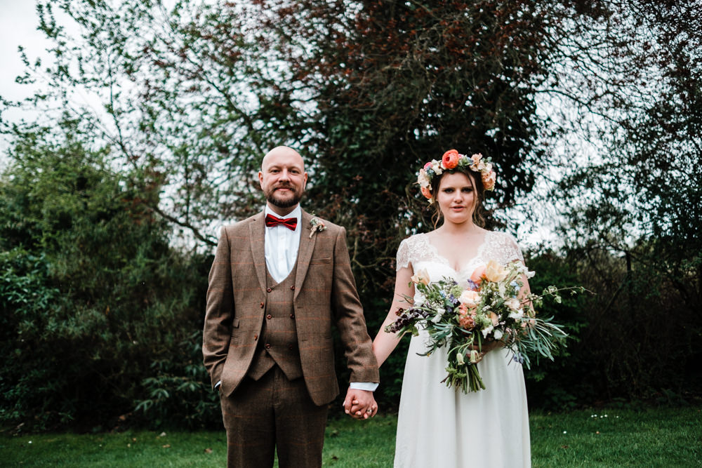 Bride Bridal Gown Dress Laure de Sazagan Lace Cap Sleeve V Neck Tweed Groom Three Piece Waistcoat Flower Crown Bouquet Cantley House Hotel Wedding Ross Hurley Photography