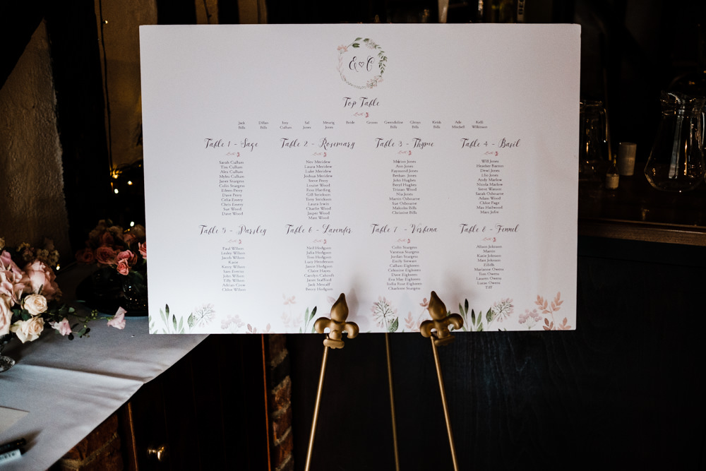 Table Plan Seating Chart Modern Calligraphy Wreath Cantley House Hotel Wedding Ross Hurley Photography