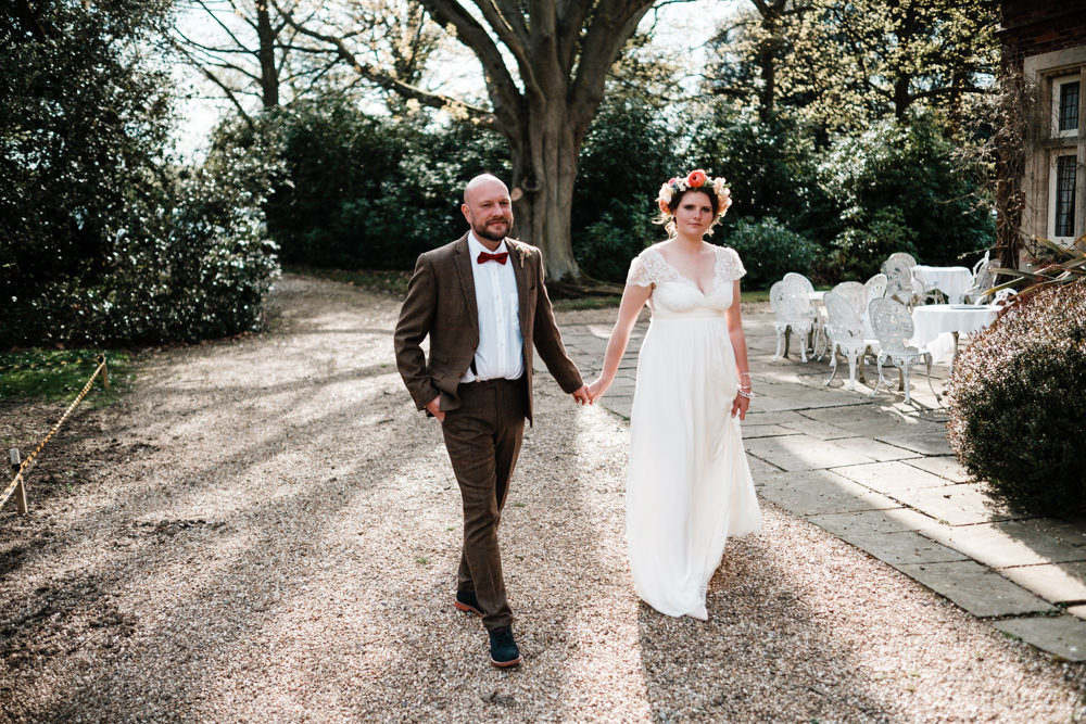 Bride Bridal Gown Dress Laure de Sazagan Lace Cap Sleeve V Neck Tweed Groom Bow Tie Flower Crown Cantley House Hotel Wedding Ross Hurley Photography