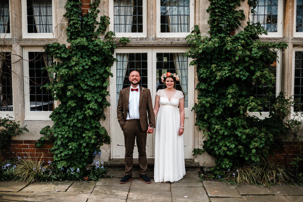 Bride Bridal Gown Dress Laure de Sazagan Lace Cap Sleeve V Neck Tweed Groom Bow Tie Flower Crown Cantley House Hotel Wedding Ross Hurley Photography