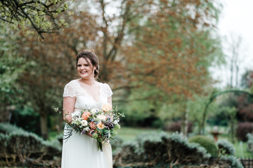 Bride Bridal Gown Dress Laure de Sazagan Lace Cap Sleeve V Neck Bouquet Cantley House Hotel Wedding Ross Hurley Photography